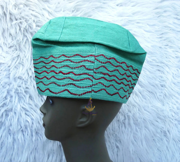 PrestigeApplause Green Mix Red Yoruba Fila Hat Royal Embroidery Designs Aso Oke Groom Fila Cap African Nigerian Hat For Men Groom For Wedding Party PrestigeApplause Jewels