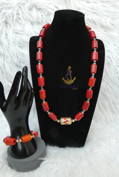 Red Coral-Style Beaded Necklace Men Women Set – Traditional Statement Jewellery PrestigeApplause Jewels