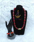 Red Coral-Style Beaded Necklace Men Women Set – Traditional Statement Jewellery
