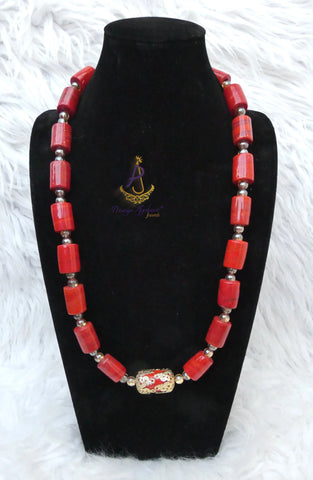 Red Coral-Style Beaded Necklace Men Women Set – Traditional Statement Jewellery