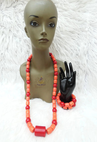 Edo Delta Igbo Red Mix Coral Groom men African Nigerian Traditional Beads Necklace Bracelet Jewellery Wedding Set PrestigeApplause Jewels