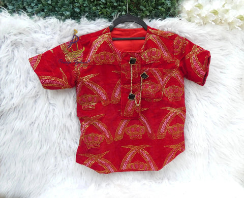 Red with Gold  Children Boy Royal Crown Velvet Igbo Edo Delta Isiagu Traditional Toddler Chieftaincy Top – African Inspired Statement Wear Top Edo Accessories