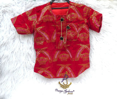 Red with Gold  Children Boy Royal Crown Velvet Igbo Edo Delta Isiagu Traditional Toddler Chieftaincy Top – African Inspired Statement Wear Top Edo Accessories