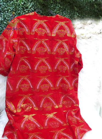 Red with Gold Velvet Igbo Edo Delta Isiagu Traditional Father and Son Man Boy Chieftaincy Top – African Inspired Statement Wear Top Edo Accessories