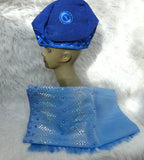 Sea Blue Aso Oke Yoruba Fila Cap With Women Gele – Traditional African Men’s Hat for Groom, Bride Gele Wedding Party PrestigeApplause Jewels