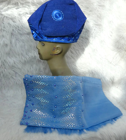 Sea Blue Aso Oke Yoruba Fila Cap With Women Gele – Traditional African Men’s Hat for Groom, Bride Gele Wedding Party PrestigeApplause Jewels