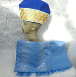 Sea Blue with Gold Aso Oke Yoruba Fila Cap With Women Gele – Traditional African Men’s Hat for Groom, Bride Gele Wedding Party PrestigeApplause Jewels