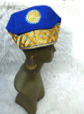 Sea Blue with Gold Aso Oke Yoruba Fila Cap With Women Gele – Traditional African Men’s Hat for Groom, Bride Gele Wedding Party PrestigeApplause Jewels