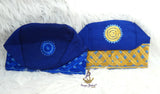 Sea Blue with Gold Aso Oke Yoruba Fila Cap With Women Gele – Traditional African Men’s Hat for Groom, Bride Gele Wedding Party