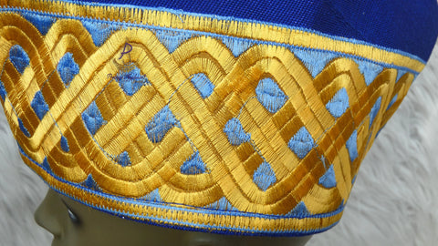 Sea Blue with Gold Aso Oke Yoruba Fila Cap With Women Gele – Traditional African Men’s Hat for Groom, Bride Gele Wedding Party