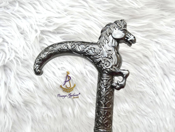 Grey Silver Horse Head Decorative Chief Groom Walking Stick – Ornamental Handle Gentlemen’s Cane African Walking Staff