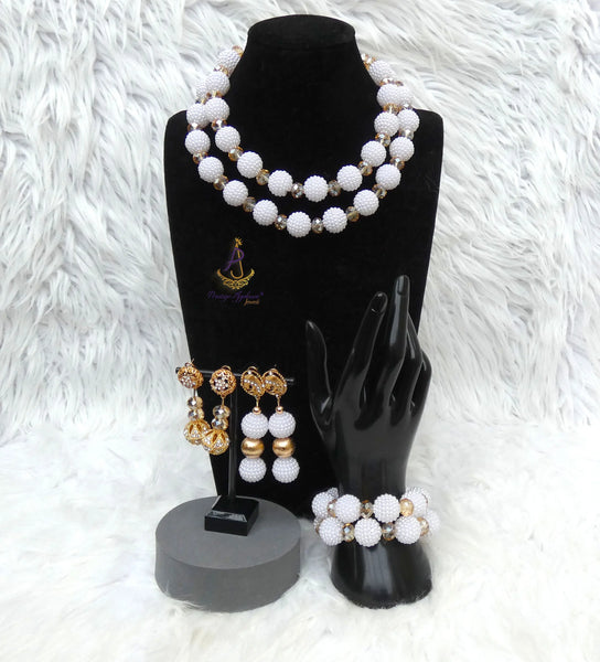 White Beads with Gold Accessories Bridal Wedding Beads Women Jewellery Set PrestigeApplause Jewels