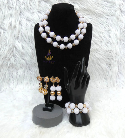 White Beads with Gold Accessories Bridal Wedding Beads Women Jewellery Set PrestigeApplause Jewels