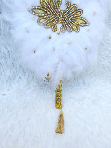White Gold Round Feather Handfan for African Bridal Fan Traditional Nigerian Engagement PrestigeApplause Jewels