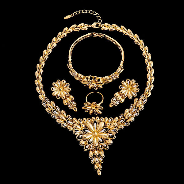 Flowery Design Gold Plated Beautiful Necklace Jewellery Complete Set (Copy) - PrestigeApplause Jewels 