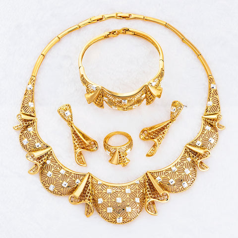 Petal Styled Gold Plated Necklace Earring Bracelet Rings Jewellery Set