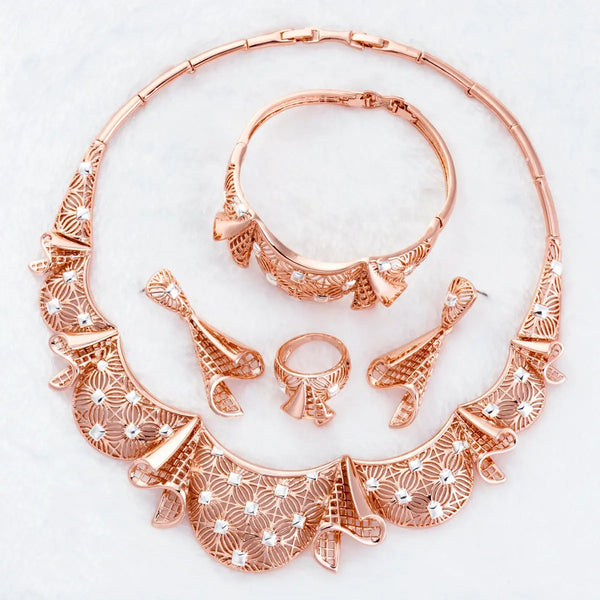 Petal Styled Gold Plated Necklace Earring Bracelet Rings Jewellery Set PrestigeApplause Jewels