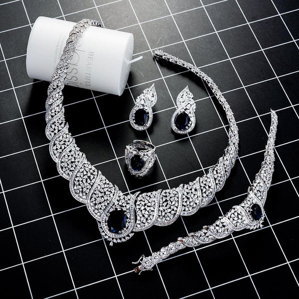 Royal Setting Midnight Blue Silver Elegant Cubic Zirconia Necklace Bridal Celebrant Jewellery Set - PrestigeApplause Jewels 