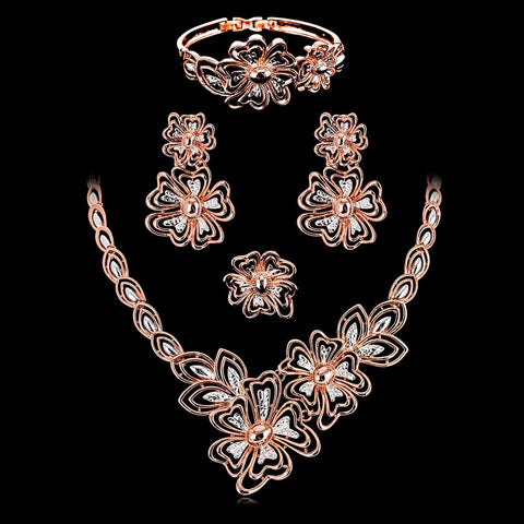 Flowery Design Gold Plated Rose Gold  Beautiful Necklace Jewellery Complete Set - PrestigeApplause Jewels 