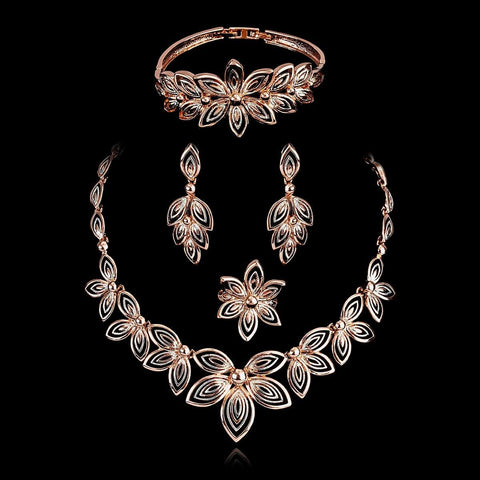 Latest Rose Design Gold Plated Rose Gold Beautiful Necklace Jewellery Complete Set - PrestigeApplause Jewels 