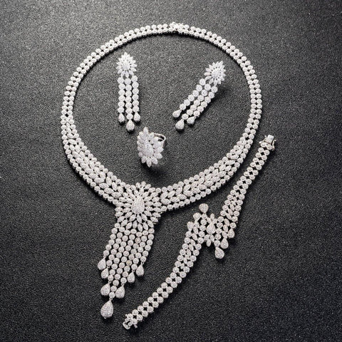 Elegant Detailed Silver Cubic Zirconia American Diamond Necklace Earring Women Jewellery Set - PrestigeApplause Jewels 
