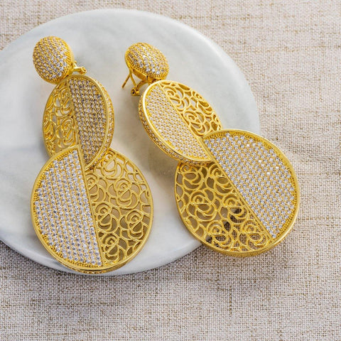 3D Gold Elegant Cubid Zirconia Gold Cocktail Party Wedding Bridal Earring Jewellery - PrestigeApplause Jewels 
