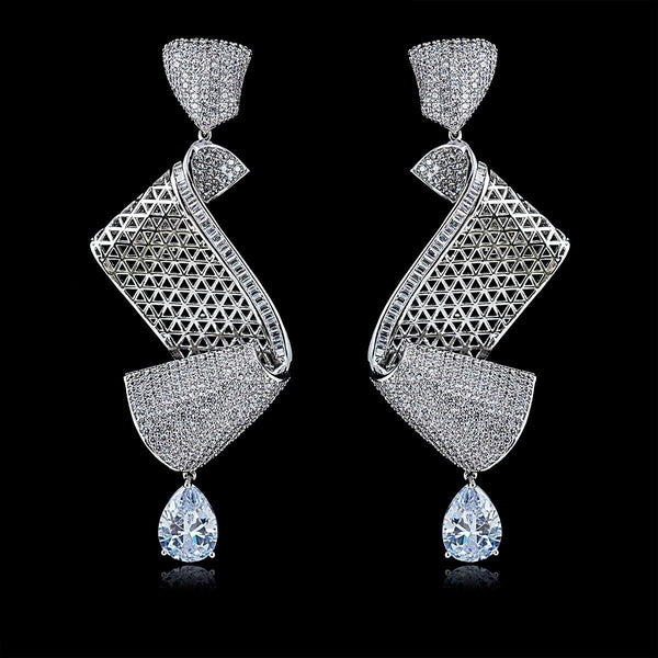 Elegant S Shaped Cubid Zirconia Detailed Silver Gold Cocktail Party Wedding Bridal Earring Jewellery