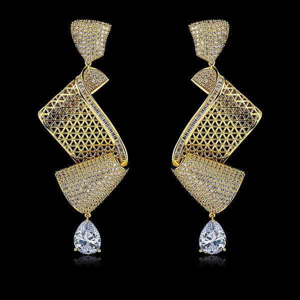 Elegant S Shaped Cubid Zirconia Detailed Silver Gold Cocktail Party Wedding Bridal Earring Jewellery