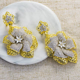 Detailed Flowery Elegant Cubid Zirconia 2 Tones Cocktail Party Wedding Bridal Earring Jewellery - PrestigeApplause Jewels 