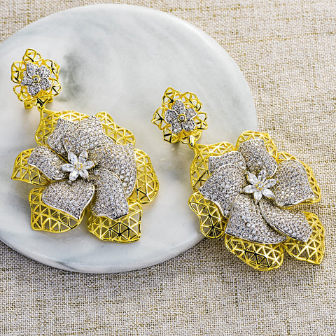 Detailed Flowery Elegant Cubid Zirconia 2 Tones Cocktail Party Wedding Bridal Earring Jewellery