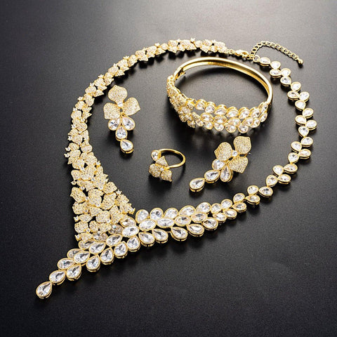 Latest Design Blue Green Gold SIlver Mixed Cubic Zirconia American Diamond Necklace Bridal Celebrant Jewellery Set