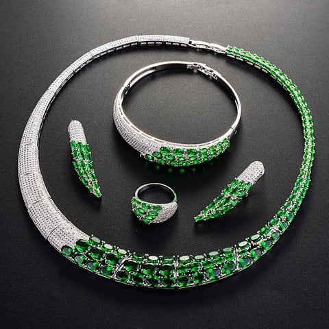 Beautiful Detailed Cubic Zirconia Red Green Silver Necklace Earring Celebrant Bridal Jewellery Set - PrestigeApplause Jewels 