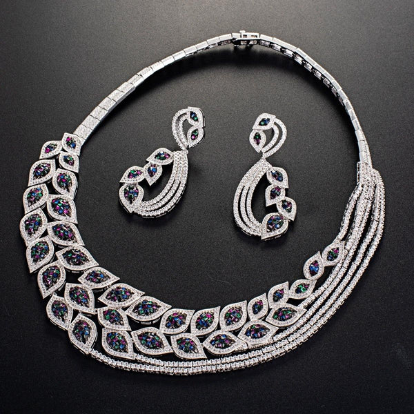 Elegant Detailed Cubic Zirconia Multi-Colour Silver Necklace Celebrant Bridal Jewellery Set - PrestigeApplause Jewels 