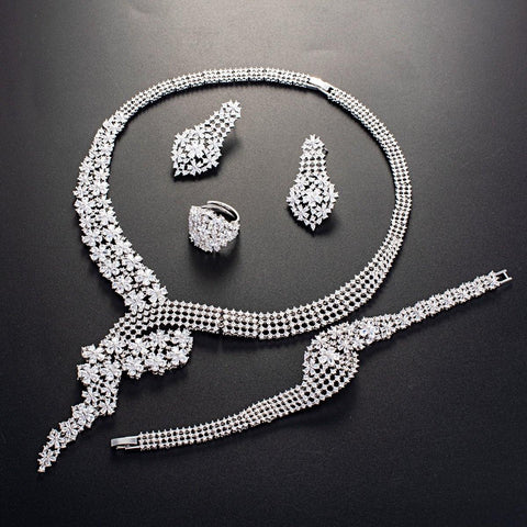 Elegant Detailed Enlongated Cubic Zirconia Silver 4 pcs Necklace Celebrant Bridal Jewellery Set - PrestigeApplause Jewels 