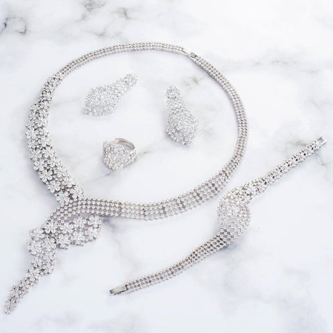 Elegant Detailed Enlongated Cubic Zirconia Silver 4 pcs Necklace Celebrant Bridal Jewellery Set - PrestigeApplause Jewels 