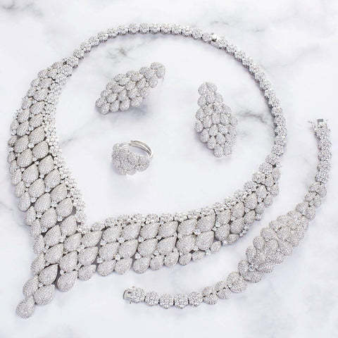 Bold Elegant Silver Cubic Zirconia American Diamond Necklace Bridal Celebrate Jewelry Set - PrestigeApplause Jewels 