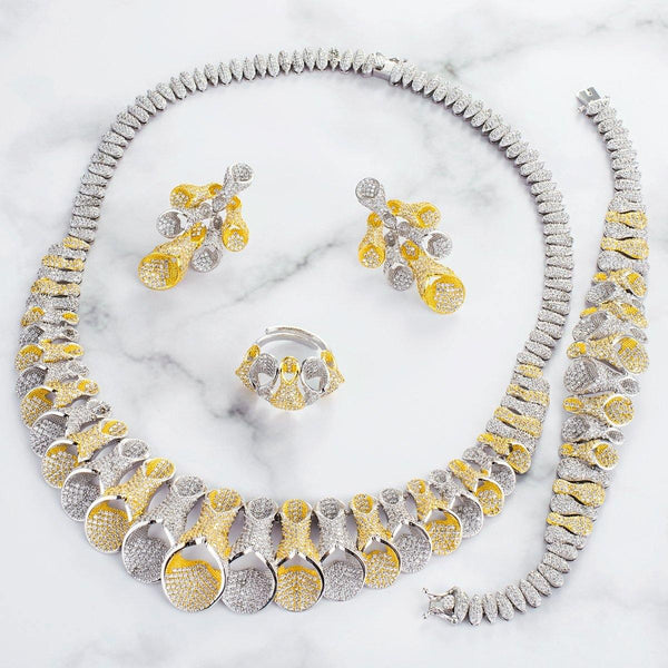 Stunning 2 Tones SIlver Mixed Gold Bold Cubic Zirconia Necklace UK Dispatch Set - PrestigeApplause Jewels 