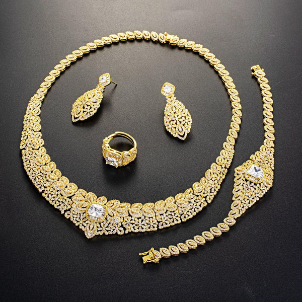 New Design Gold Silver 2 Tones Silver Mixed Stand-out Bold Cubic Zirconia Necklace Jewellery Set - PrestigeApplause Jewels 