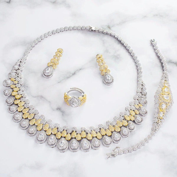 Royal Setting Elegant Cubic Zirconia Silver Gold Mixed Necklace Bridal Celebrant Jewellery Set - PrestigeApplause Jewels 