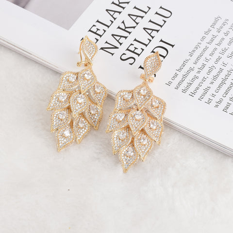 Leafy Gold Cubid Zirconia Cocktail Party Celebrant Bridal Earring Jewellery Great as Gift UK Rapid Dispatch