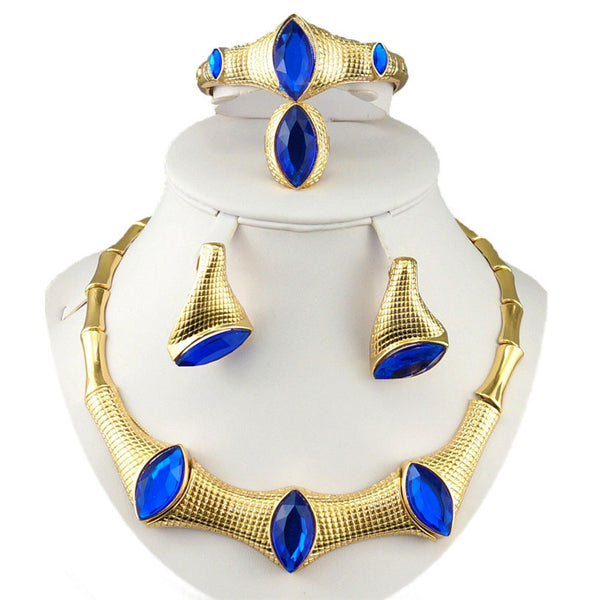 Royal Blue Elegant 18k Buckle Gold Plated Necklace Earring Bangle Jewelry Party Set