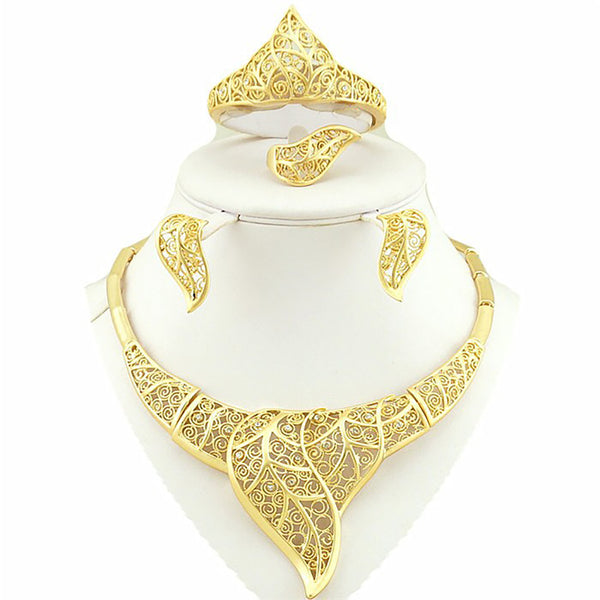 Lovely Leaf Designed Gold Plated Necklace Earring Bangle Jewelry Set
