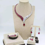 Beautiful Detailed Cubic Zirconia Elongated Red Silver Necklace Earring Celebrant Bridal Jewellery Set