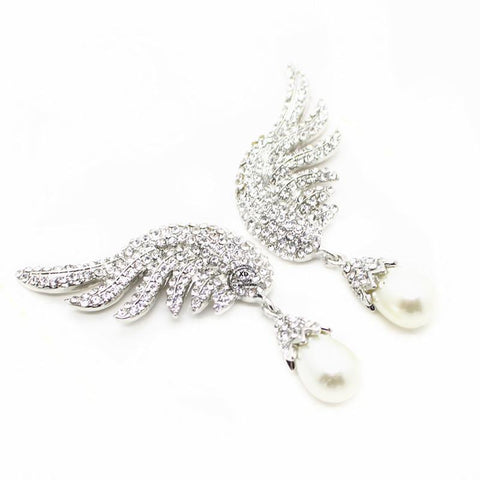 Beautiful Silver Earring Austrian Crystal Elegant Angel Wings Simulated Pearl Drop Earrings Valentine's Day Gift For Women