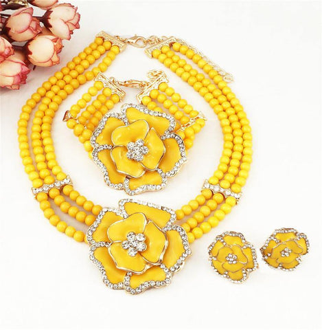 2 Layers Yellow Beads Jewellery Set with Necklace Earring Bracelet & Ring Jewellery Set