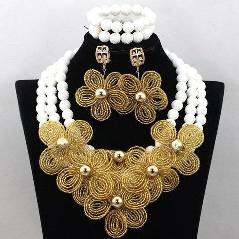 White African Nigerian Beads with Detailed Handmade Flower Brooch Jewellery Set Free Shipping
