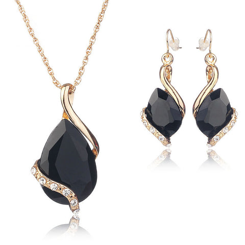 Royal Blue Tear drop Crystal Gold Plated Necklace Earring Jewellery Set