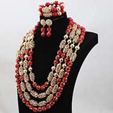 New Design Red Elegant Coral embelished with Gold Balls Bridal Party African Nigerian Jewellery Set