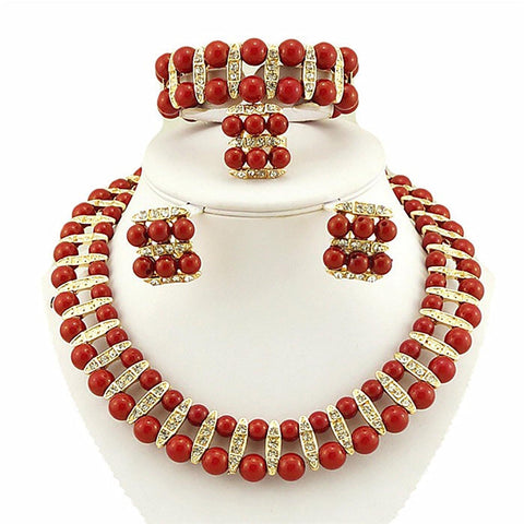 2 Layer Red pearls Jewellery Set with Necklace Earing Bracelet & Ring Beautiful Design - PrestigeApplause Jewels 