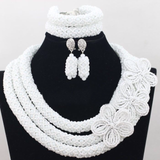 All White Elegant Latest Style Statement African Beads with Handmade Flower Crystal African Beads Jewelry Set - PrestigeApplause Jewels 